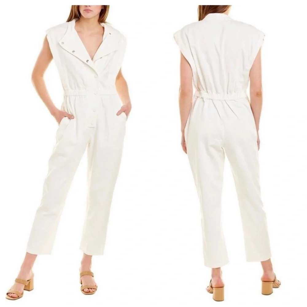 En Saison Anthropologie White Denim Utility Jumpsuit Sleeveless Button Front XS